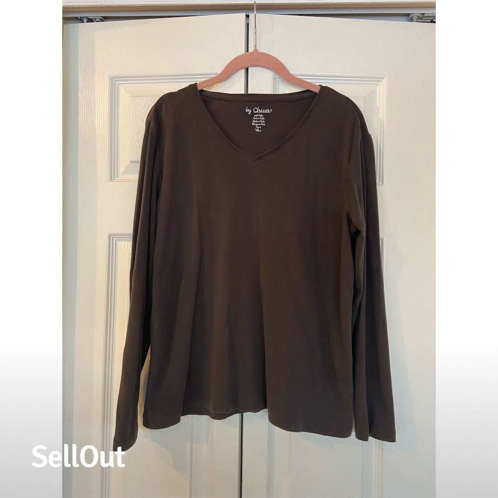 Chico's Women's Long Sleeve V-Neck T-Shirt Brown Size 2 Casual